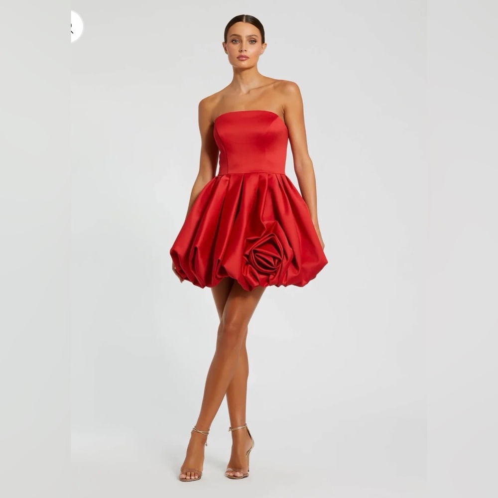 Mac Duggal Red Strapless Mini Dress With Rose Ruffle Detail NWT 20705